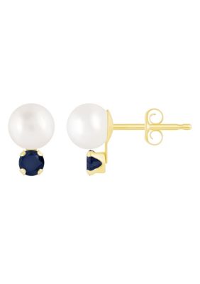 Belk & Co 10K Gold 5mm Round Pearl with Sapphire Accents Earrings, Yellow