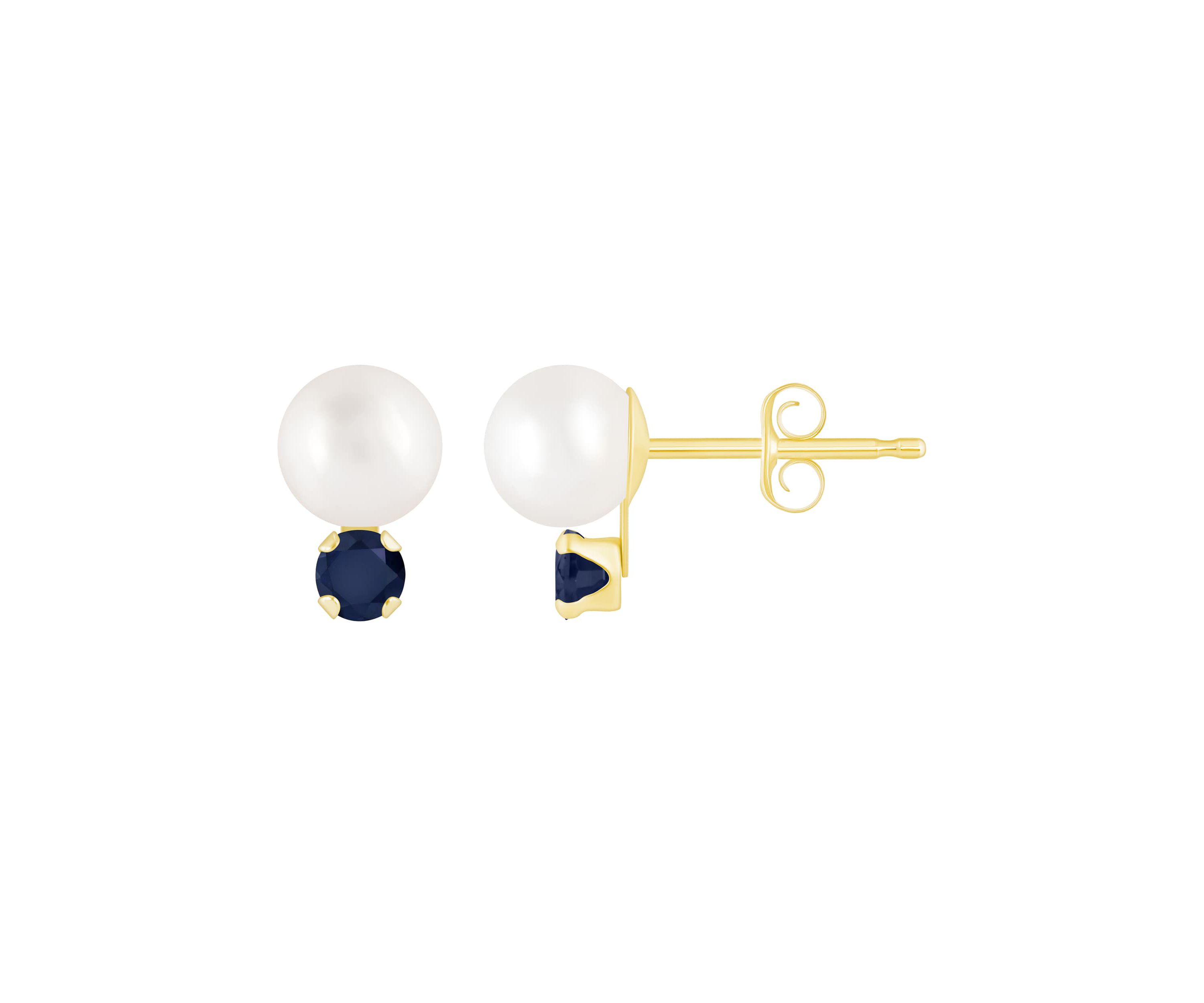 10K Gold 5mm Round Pearl with Sapphire Accents Earrings