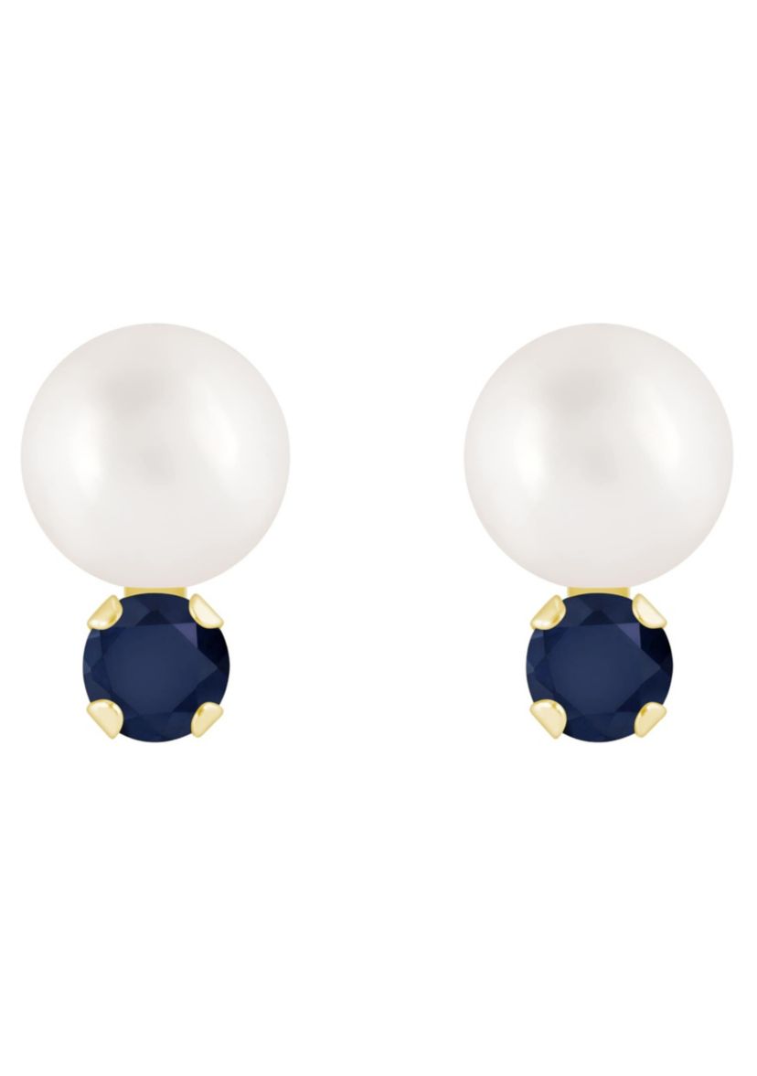 10K Gold 5mm Round Pearl with Sapphire Accents Earrings