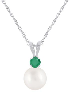 Belk & Co 10K Yellow Gold 6mm Round Pearl with Gemstone Accent Pendant Necklace, White
