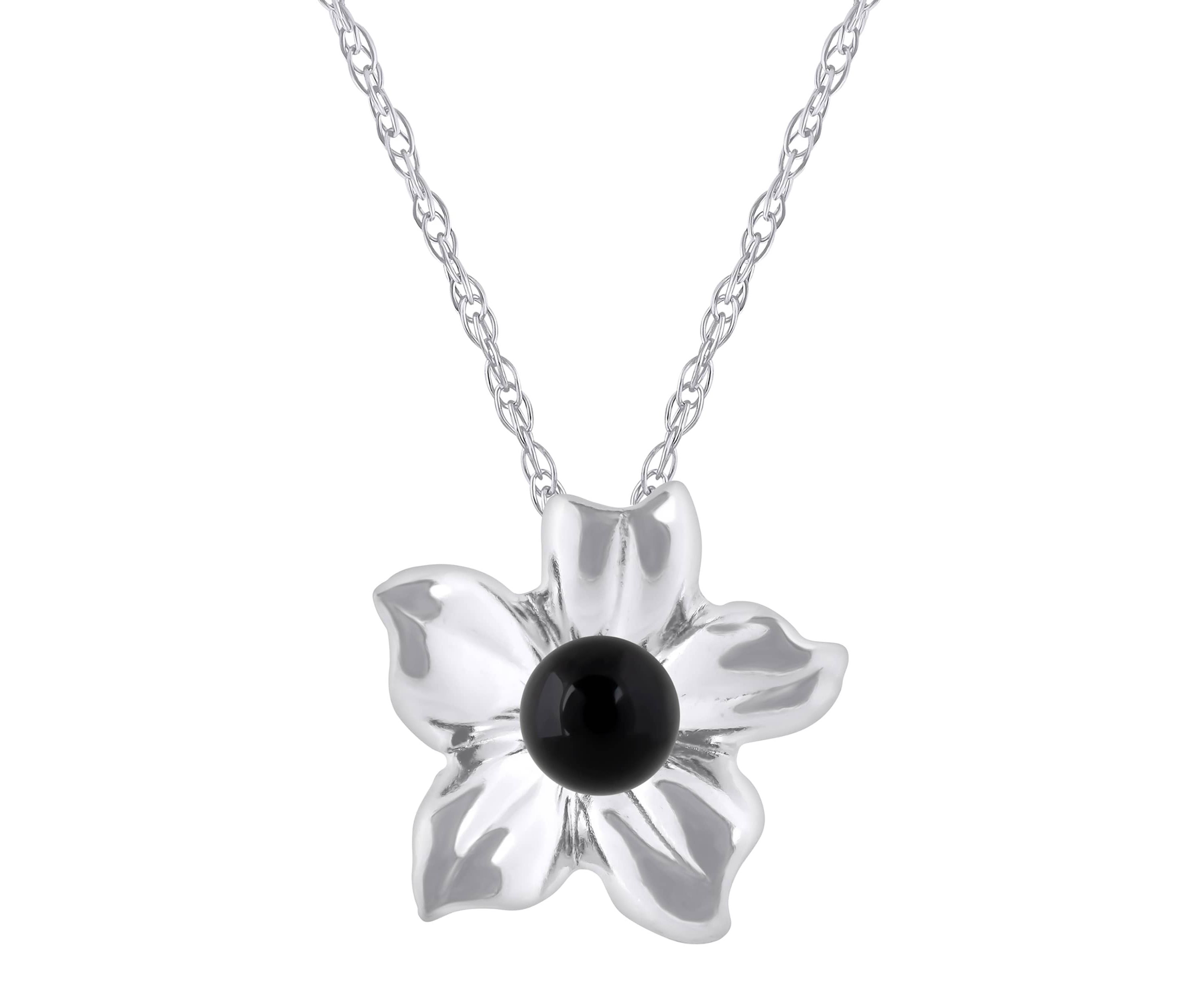 10K Gold 4mm Sphere Black Onyx Hibiscus Flower Pendant Necklace