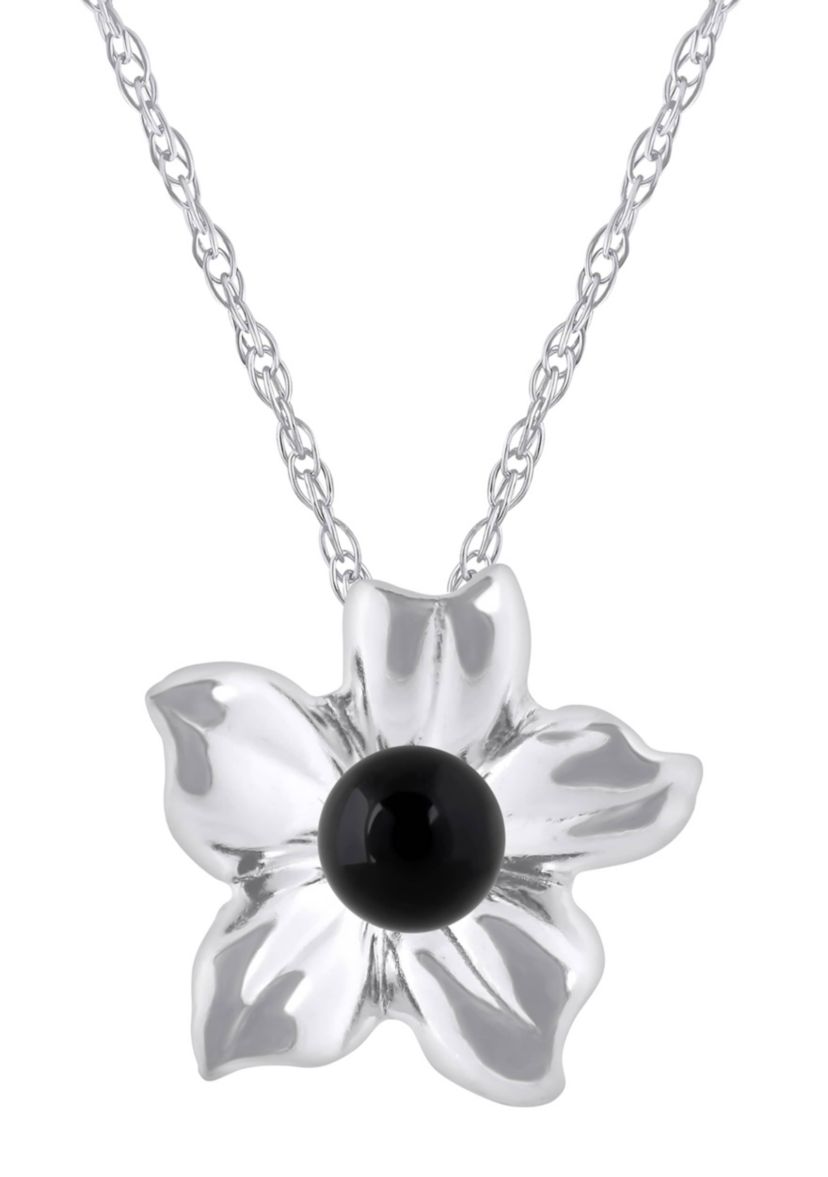 10K Gold 4mm Sphere Black Onyx Hibiscus Flower Pendant Necklace