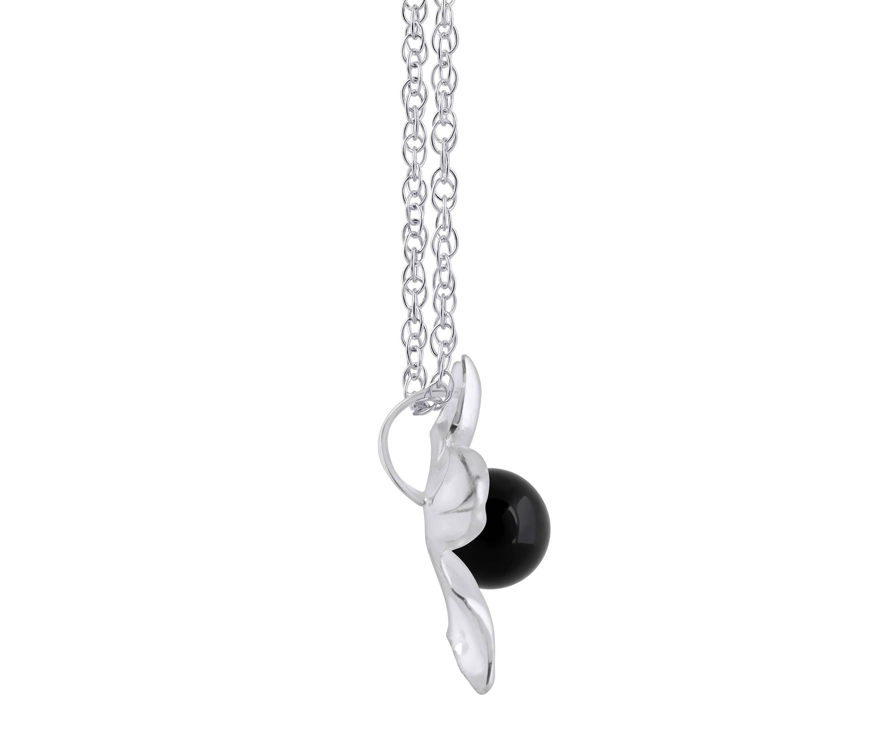 10K Gold 4mm Sphere Black Onyx Hibiscus Flower Pendant Necklace
