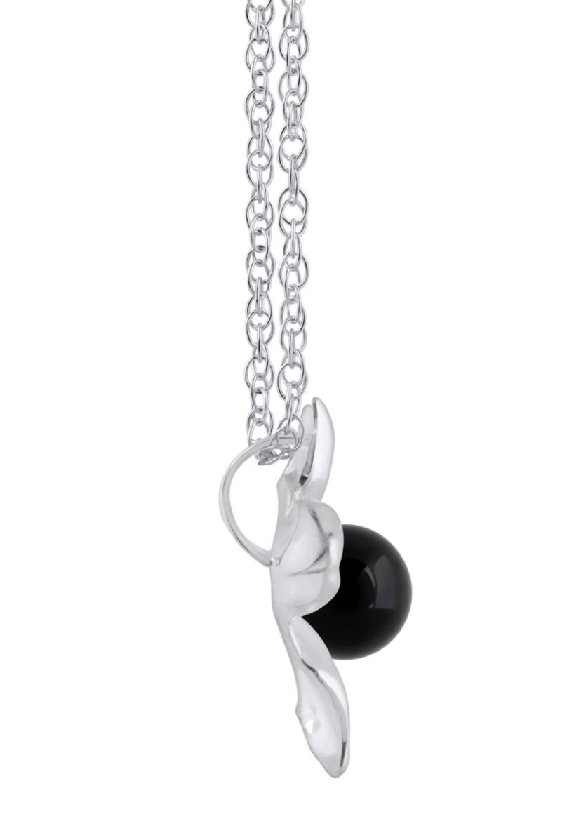 10K Gold 4mm Sphere Black Onyx Hibiscus Flower Pendant Necklace