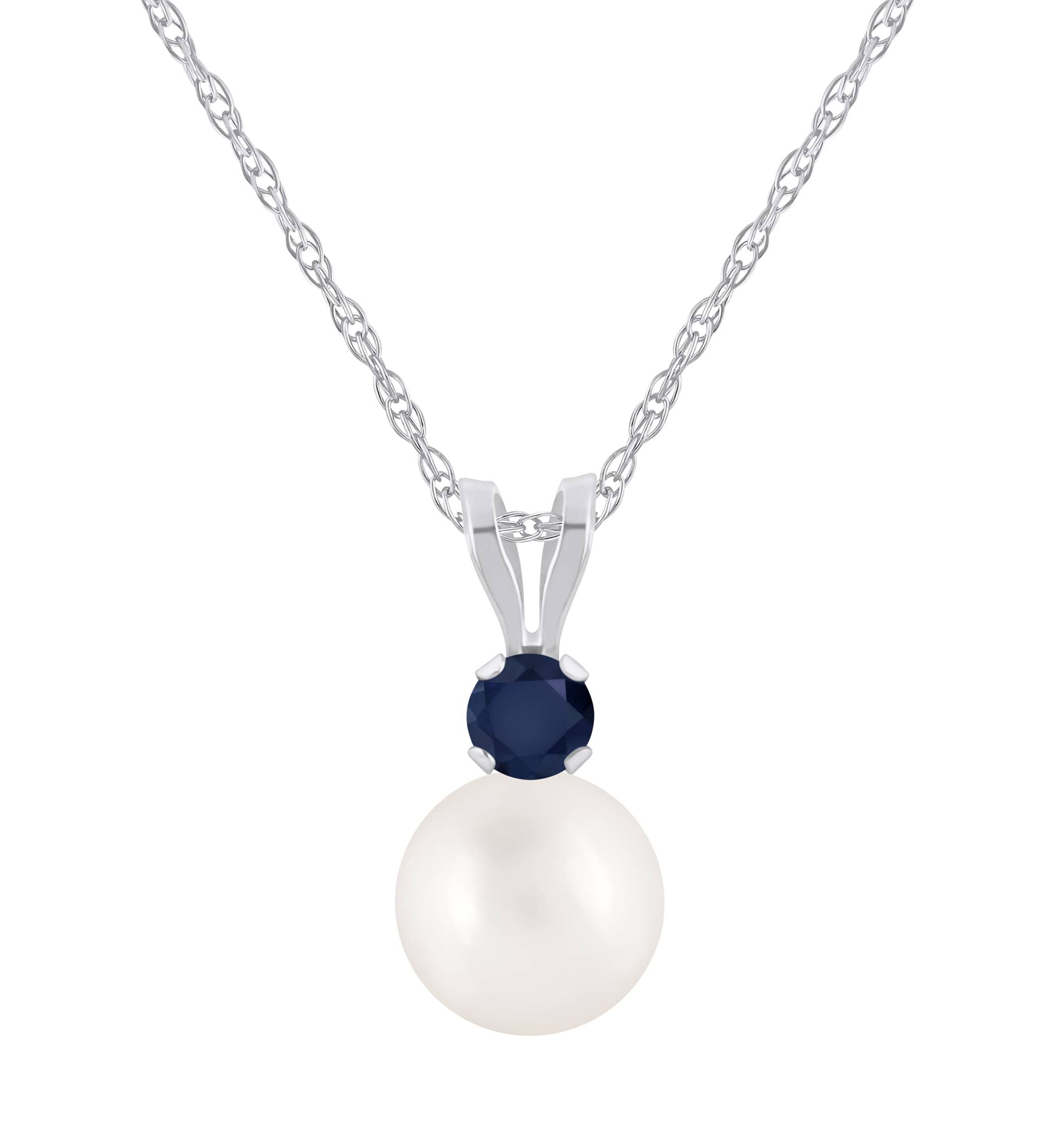 10K Gold 6mm Round Pearl with Sapphire Accent Pendant Necklace
