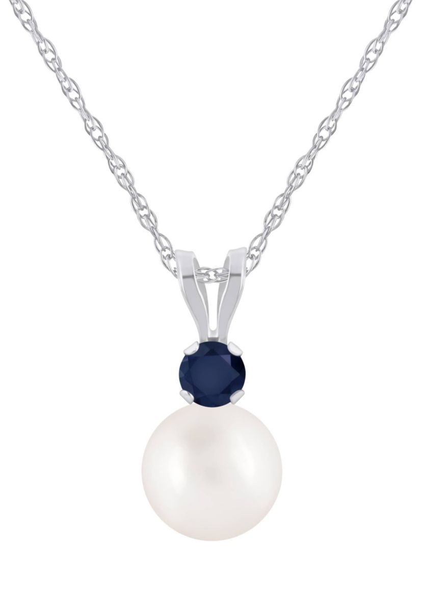 10K Gold 6mm Round Pearl with Sapphire Accent Pendant Necklace