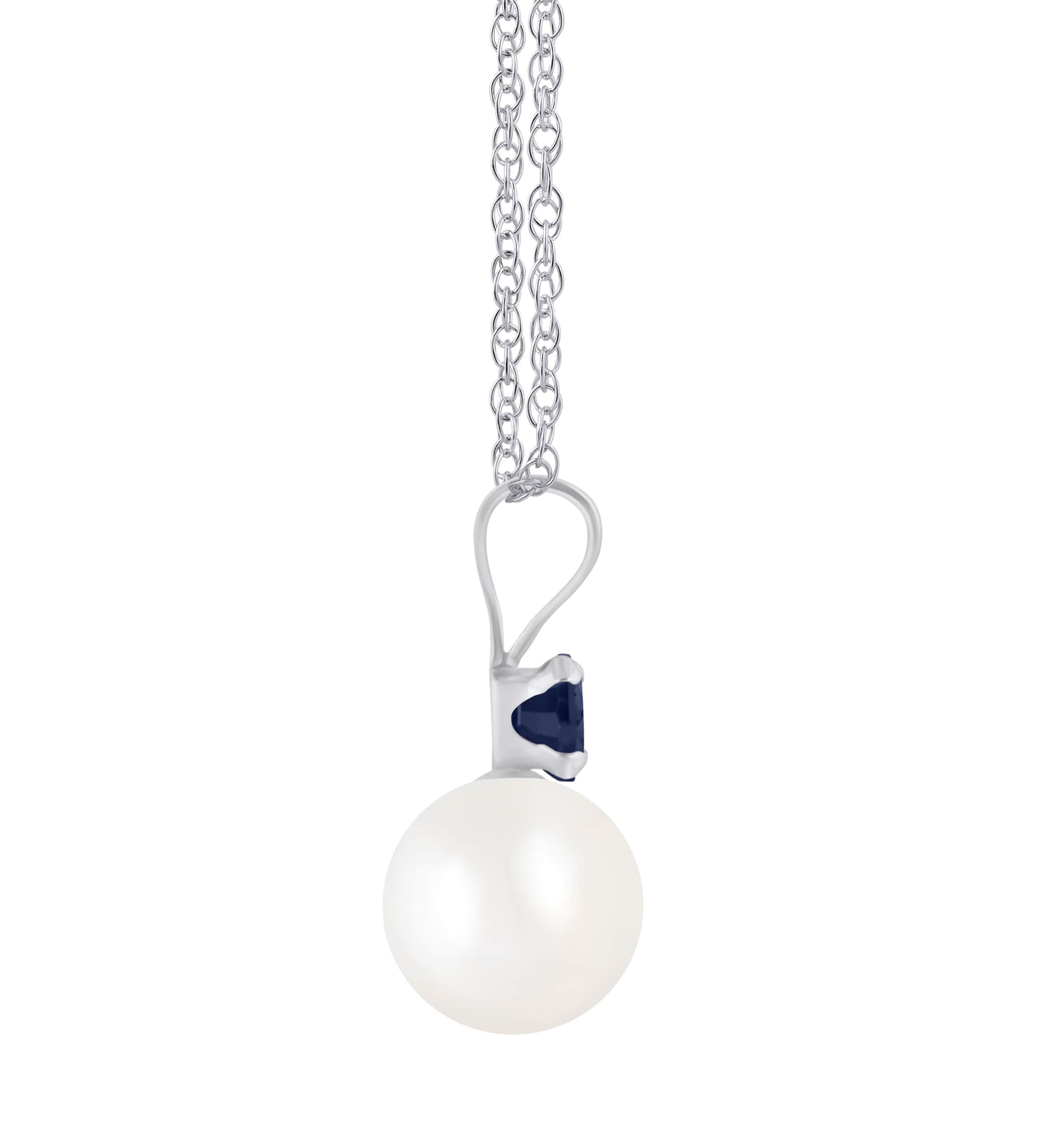 10K Gold 6mm Round Pearl with Sapphire Accent Pendant Necklace