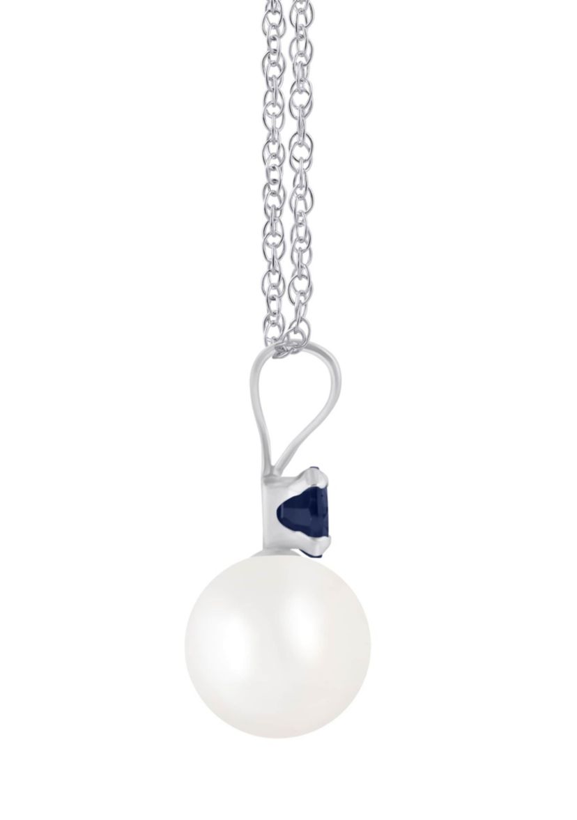 10K Gold 6mm Round Pearl with Sapphire Accent Pendant Necklace