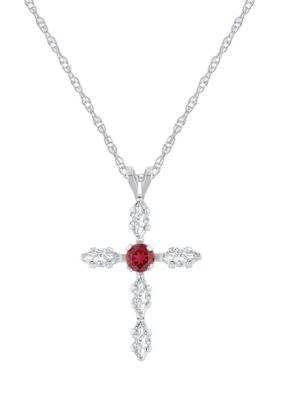 Belk & Co Lab Created 10K White Gold 3mm Round Gemstone And White Sapphire Cross Pendant Necklace
