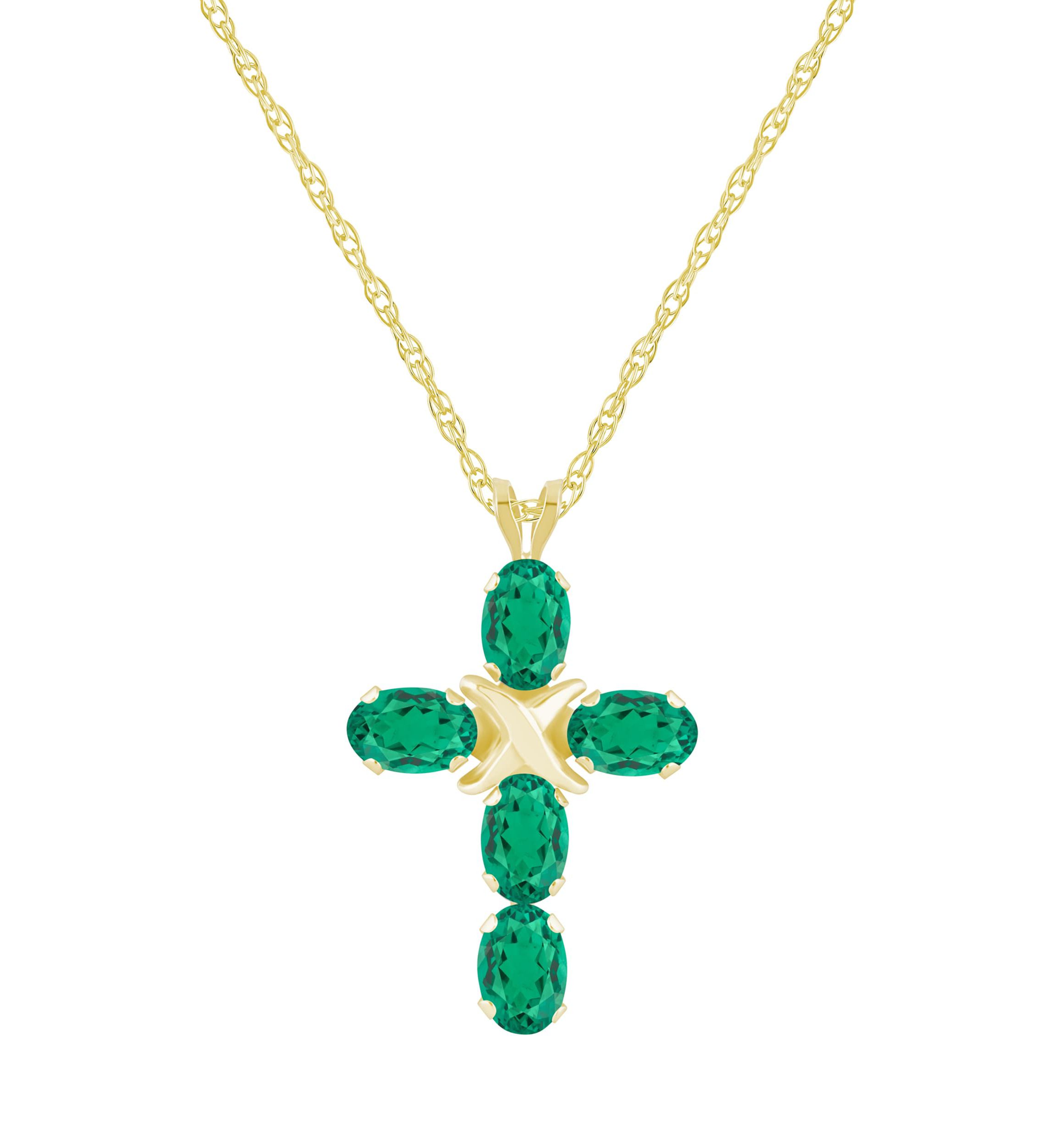 Lab Created 10K Gold 6x4mm Oval Created Emerald Fancy Cross Pendant Necklace