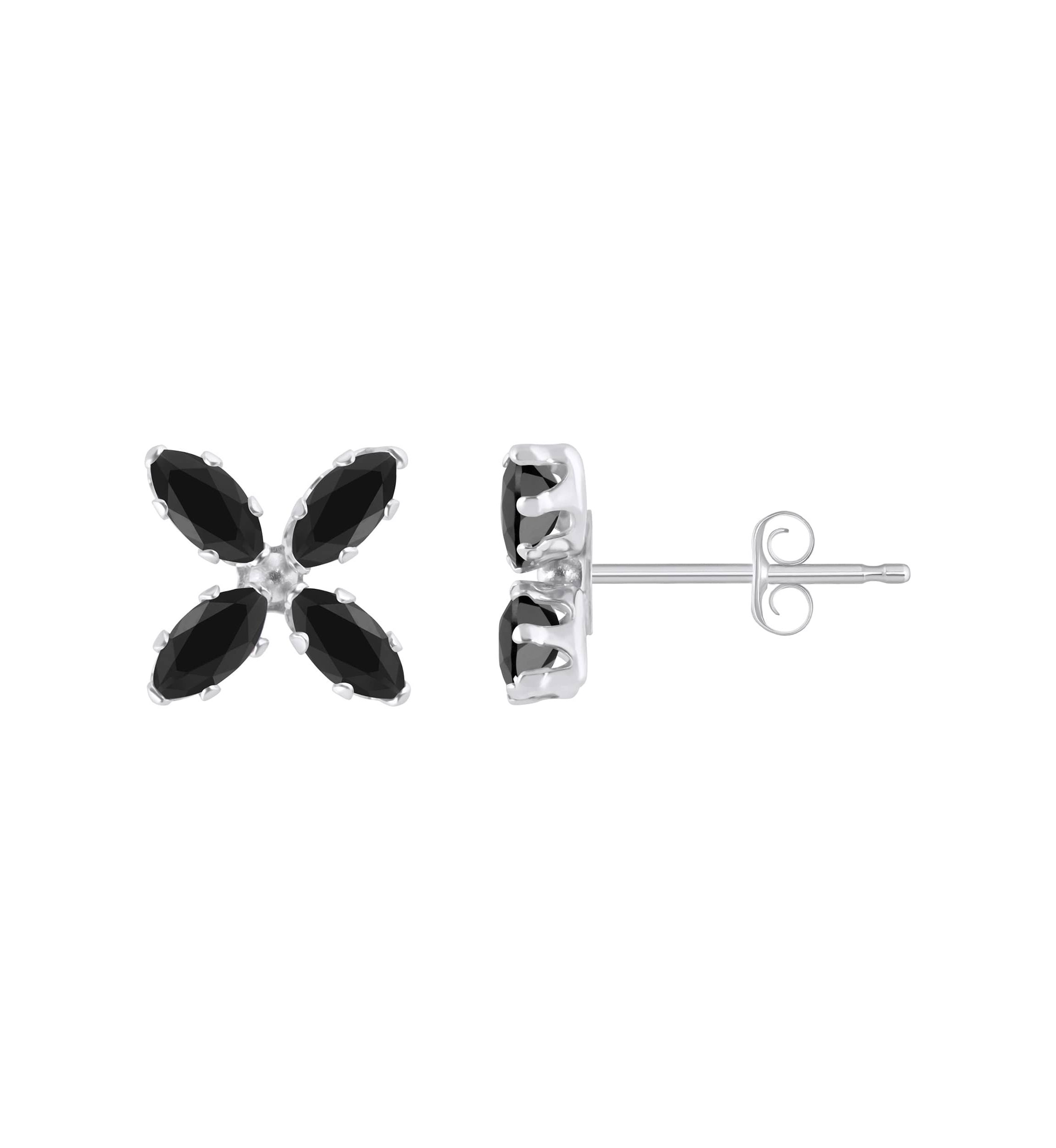 10K Gold 4x2mm Marquise Black Onyx Flower Stud Earrings
