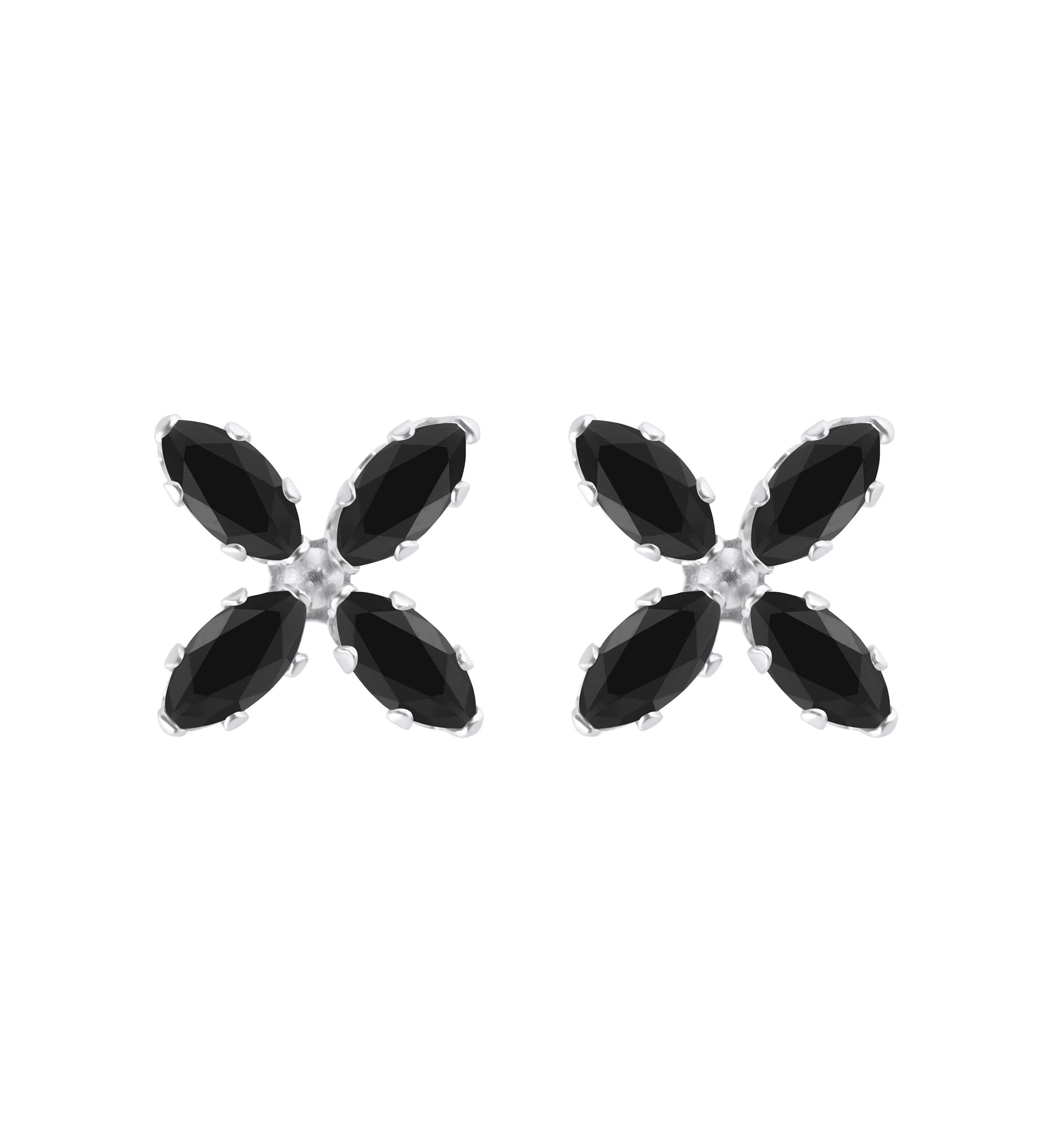 10K Gold 4x2mm Marquise Black Onyx Flower Stud Earrings