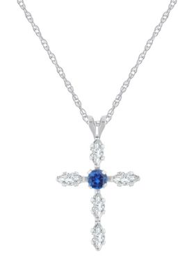 Belk & Co Lab Created 10K White Gold 3mm Round Gemstone And White Sapphire Cross Pendant Necklace