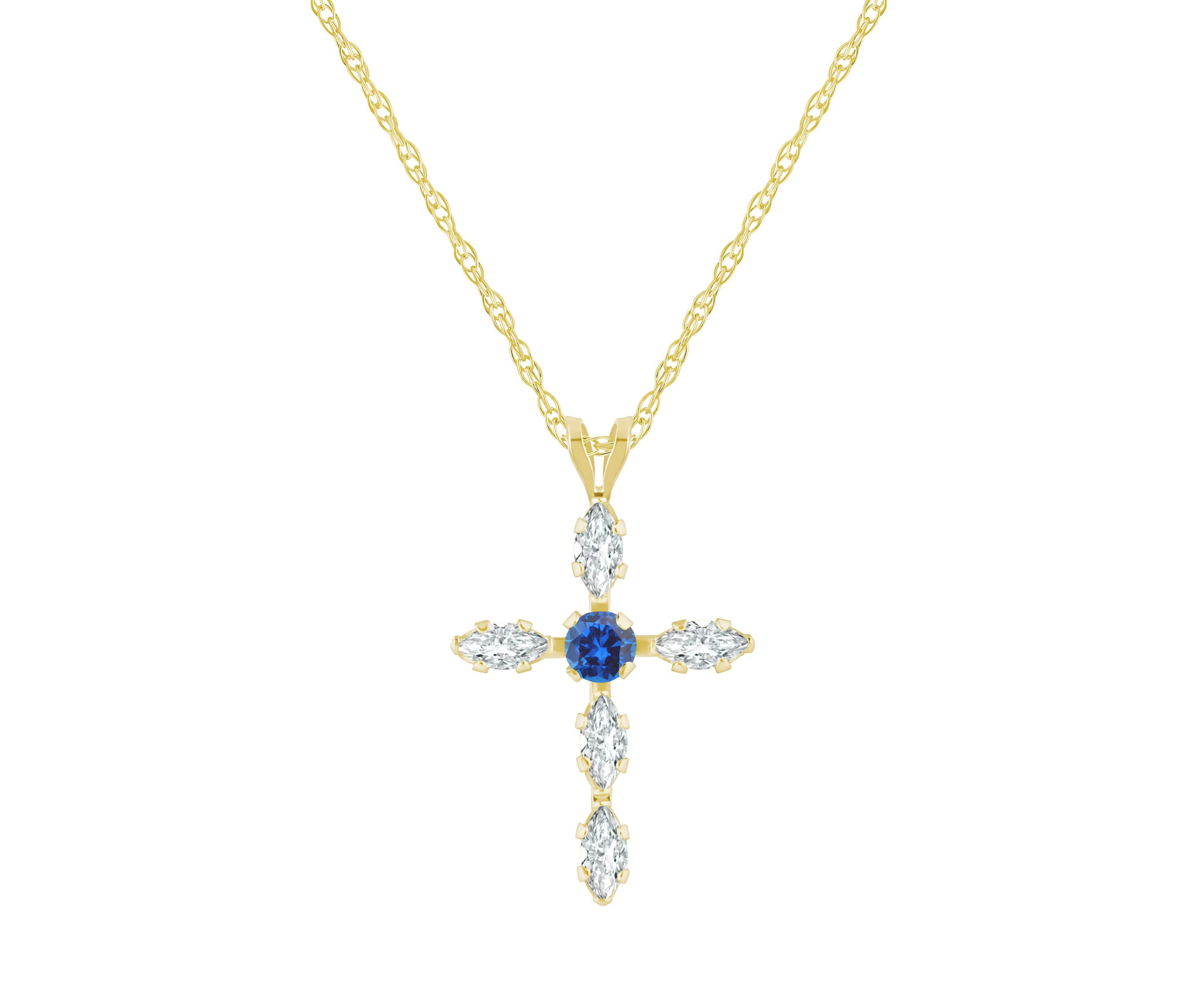 Lab Created 10K Gold 3mm Round Created Sapphire & Created White Sapphire Cross Pendant Necklace