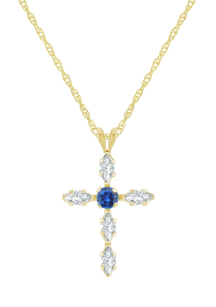 Lab Created 10K Gold 3mm Round Created Sapphire & Created White Sapphire Cross Pendant Necklace