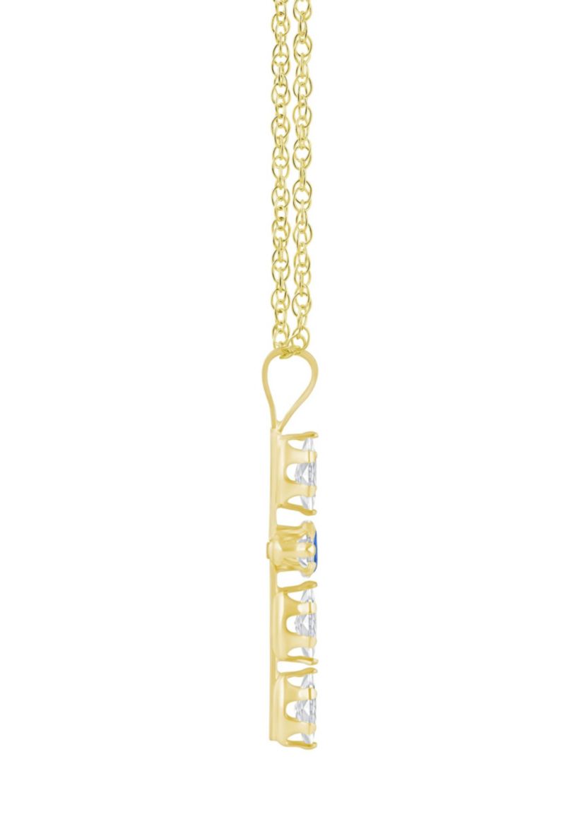 Lab Created 10K Gold 3mm Round Created Sapphire & Created White Sapphire Cross Pendant Necklace