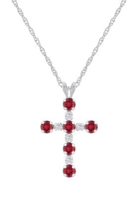 Belk & Co Lab Created 10K Yellow Gold 3mm Round Gemstone And White Sapphire Alternating Cross Pendant Necklace
