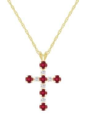 Belk & Co Lab Created 10K Yellow Gold 3mm Round Gemstone And White Sapphire Alternating Cross Pendant Necklace