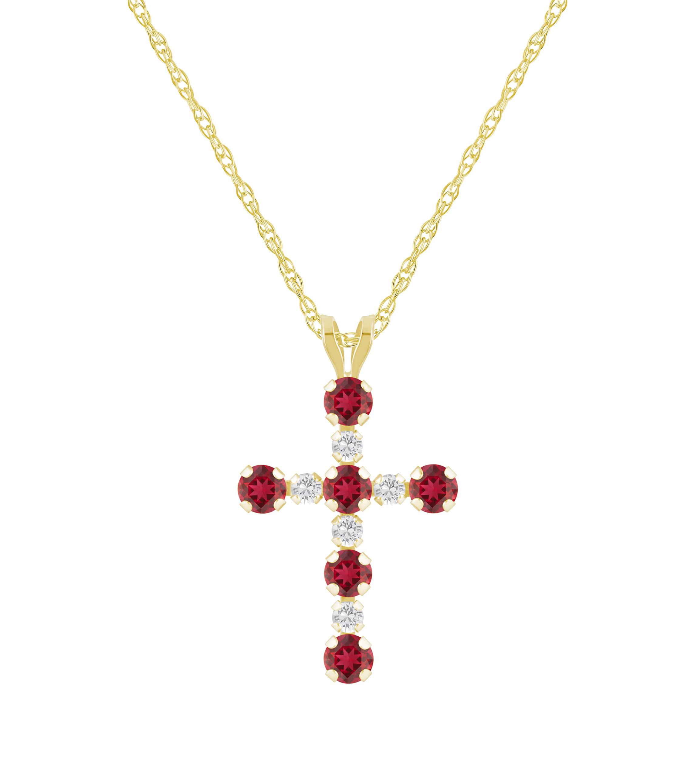 Lab Created 10K Gold 3mm Round Created Ruby & Created White Sapphire Alternating Cross Pendant Necklace