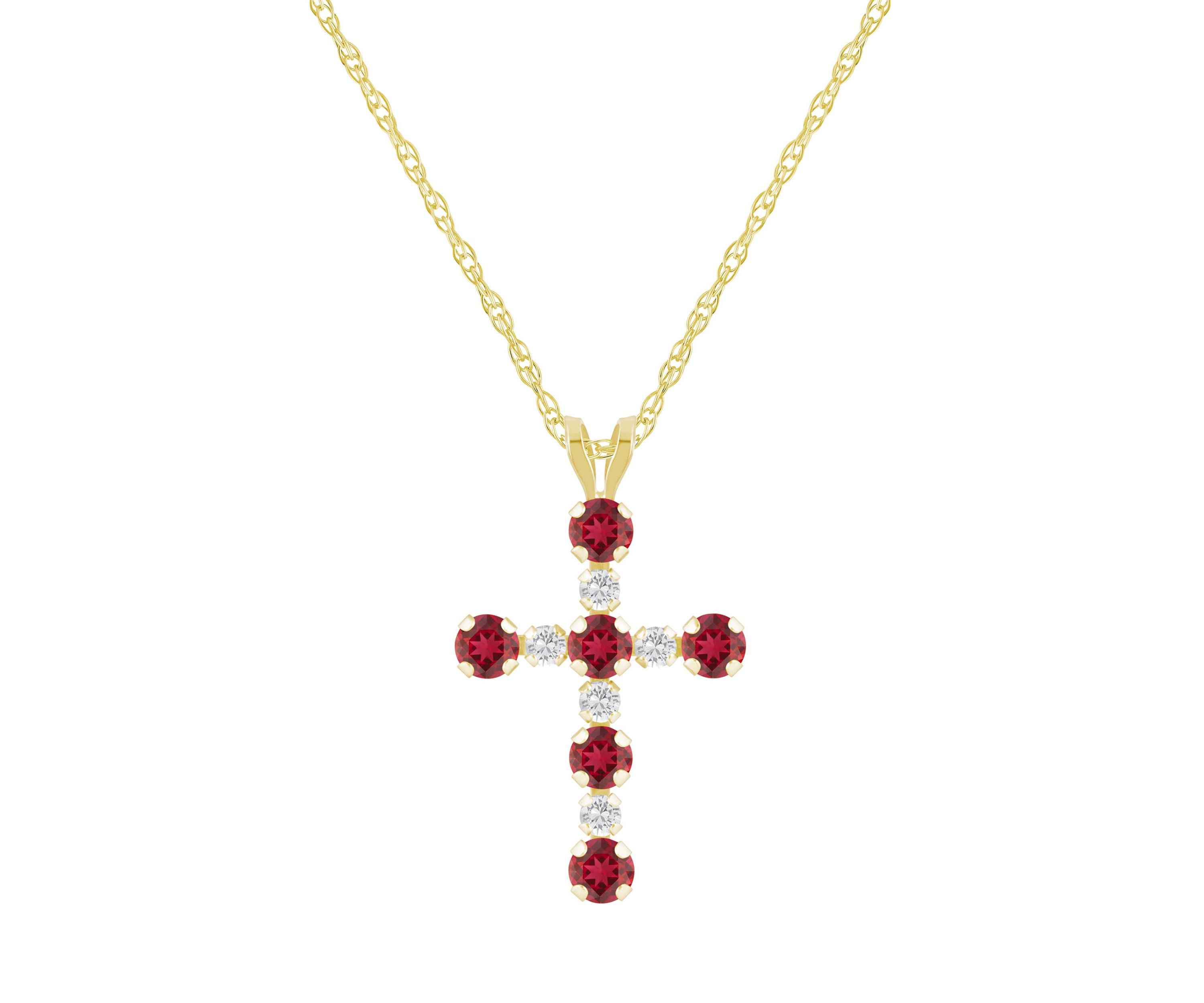 Lab Created 10K Gold 3mm Round Created Ruby & Created White Sapphire Alternating Cross Pendant Necklace