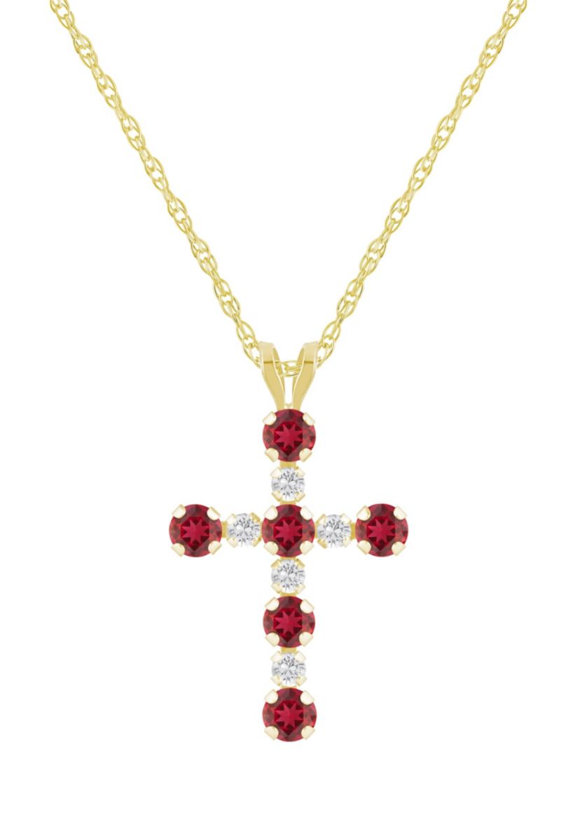 Lab Created 10K Gold 3mm Round Created Ruby & Created White Sapphire Alternating Cross Pendant Necklace