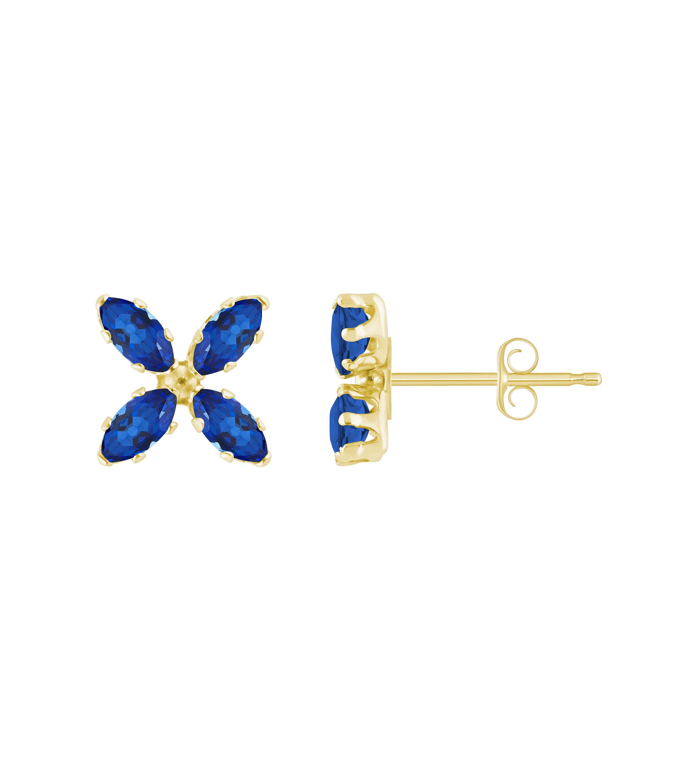 Lab Created 10K Gold 4x2mm Marquise Created Sapphire Flower Stud Earrings