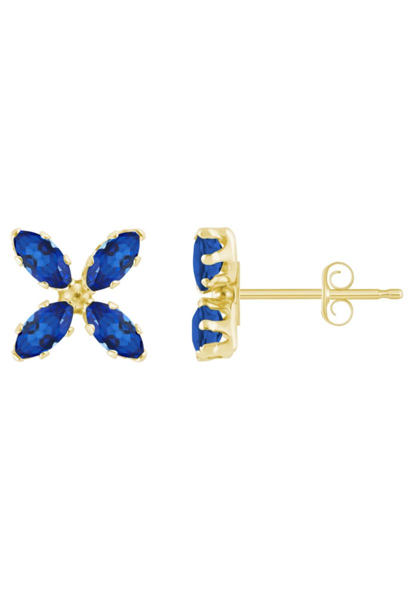 Lab Created 10K Gold 4x2mm Marquise Created Sapphire Flower Stud Earrings