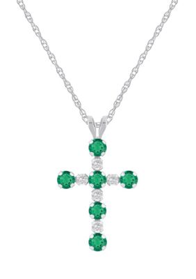 Belk & Co Lab Created 10K Yellow Gold 3mm Round Gemstone And White Sapphire Alternating Cross Pendant Necklace
