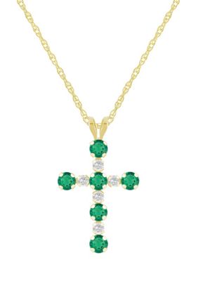 Belk & Co Lab Created 10K Yellow Gold 3mm Round Gemstone And White Sapphire Alternating Cross Pendant Necklace