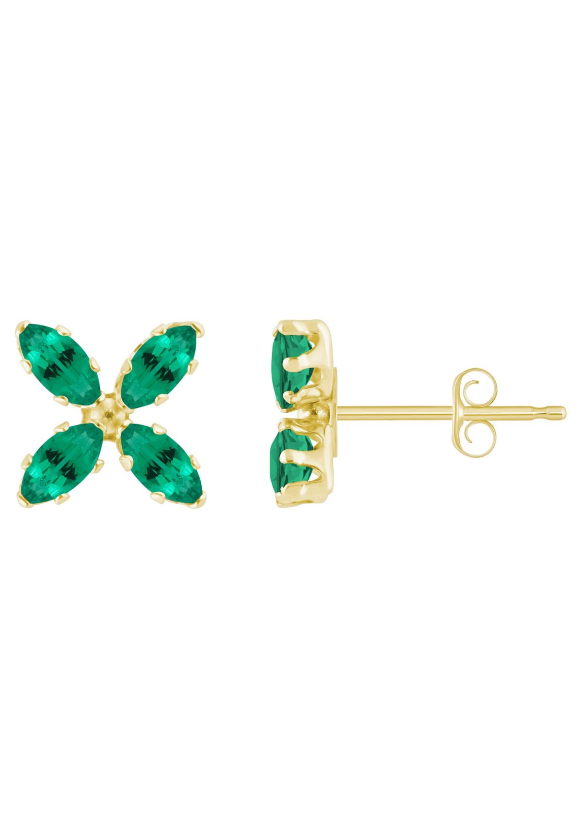 Lab Created 10K Gold 4x2mm Marquise Created Emerald Flower Stud Earrings