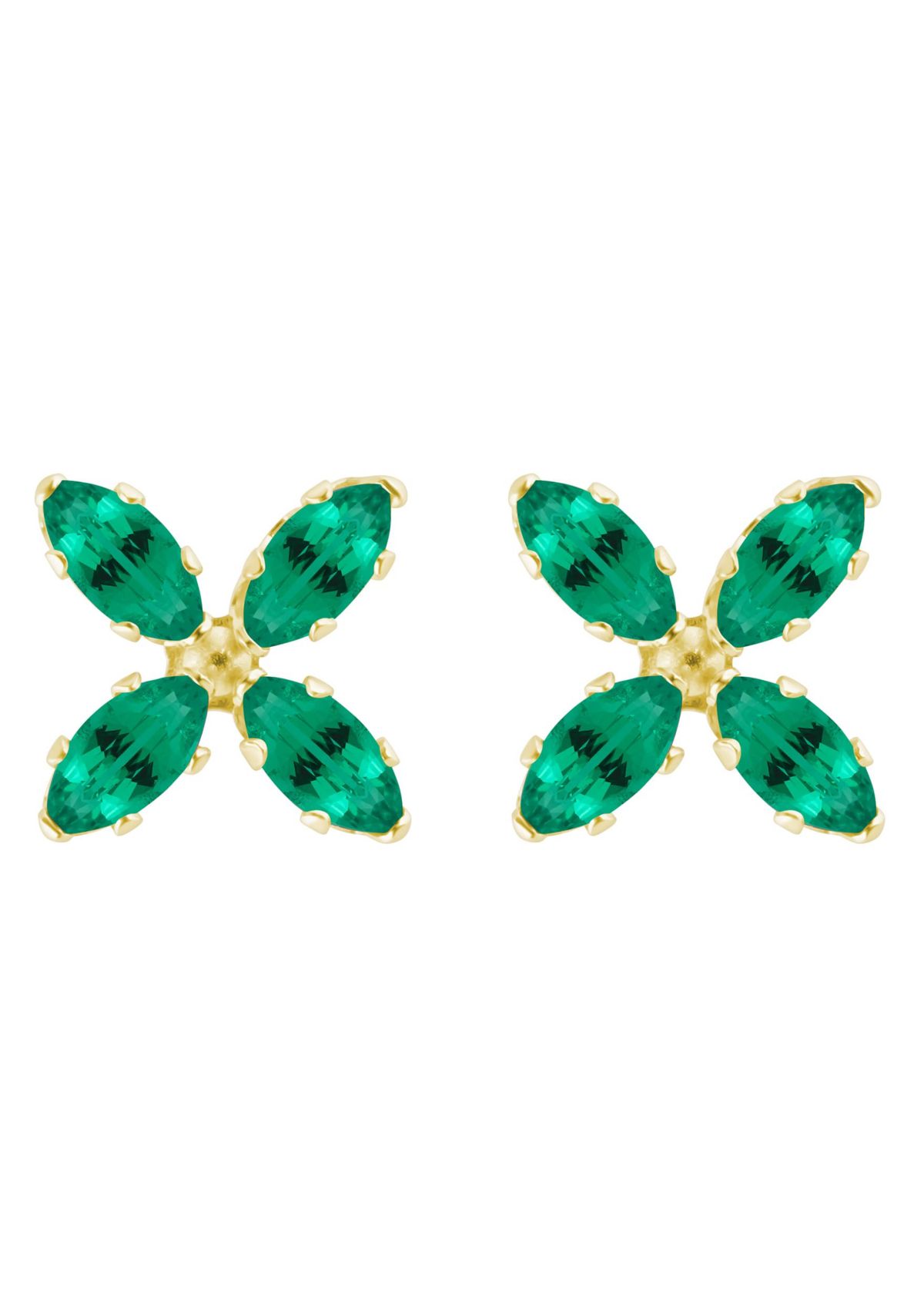 Lab Created 10K Gold 4x2mm Marquise Created Emerald Flower Stud Earrings
