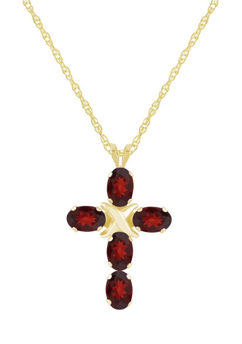 10K Gold 6x4mm Oval Garnet Fancy Cross Pendant Necklace