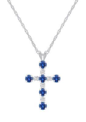 Belk & Co Lab Created 10K Yellow Gold 3mm Round Gemstone And White Sapphire Alternating Cross Pendant Necklace