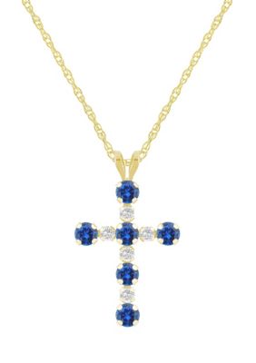 Belk & Co Lab Created 10K Yellow Gold 3mm Round Gemstone And White Sapphire Alternating Cross Pendant Necklace