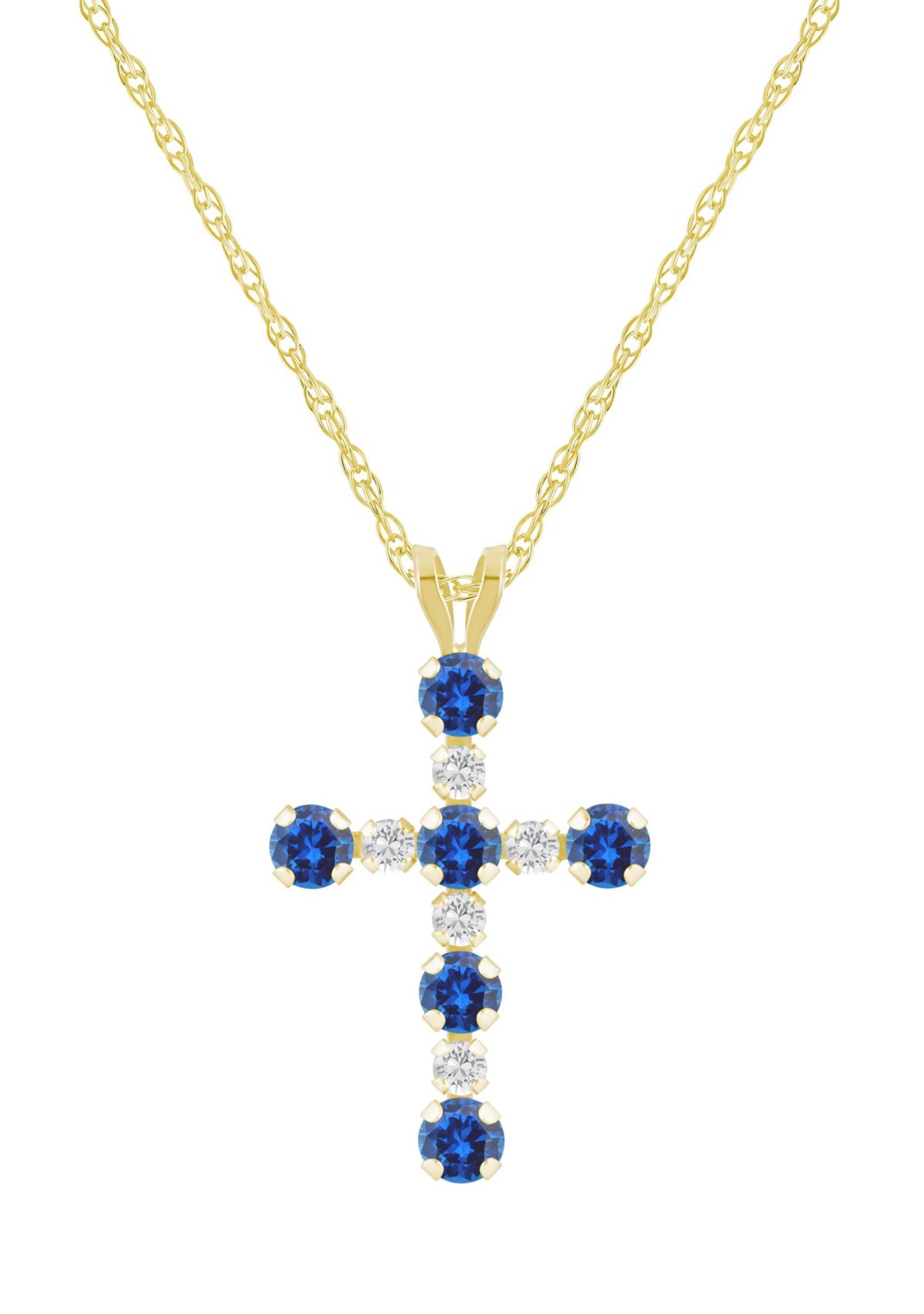 Lab Created 10K Gold 3mm Round Created Sapphire & Created White Sapphire Alternating Cross Pendant Necklace