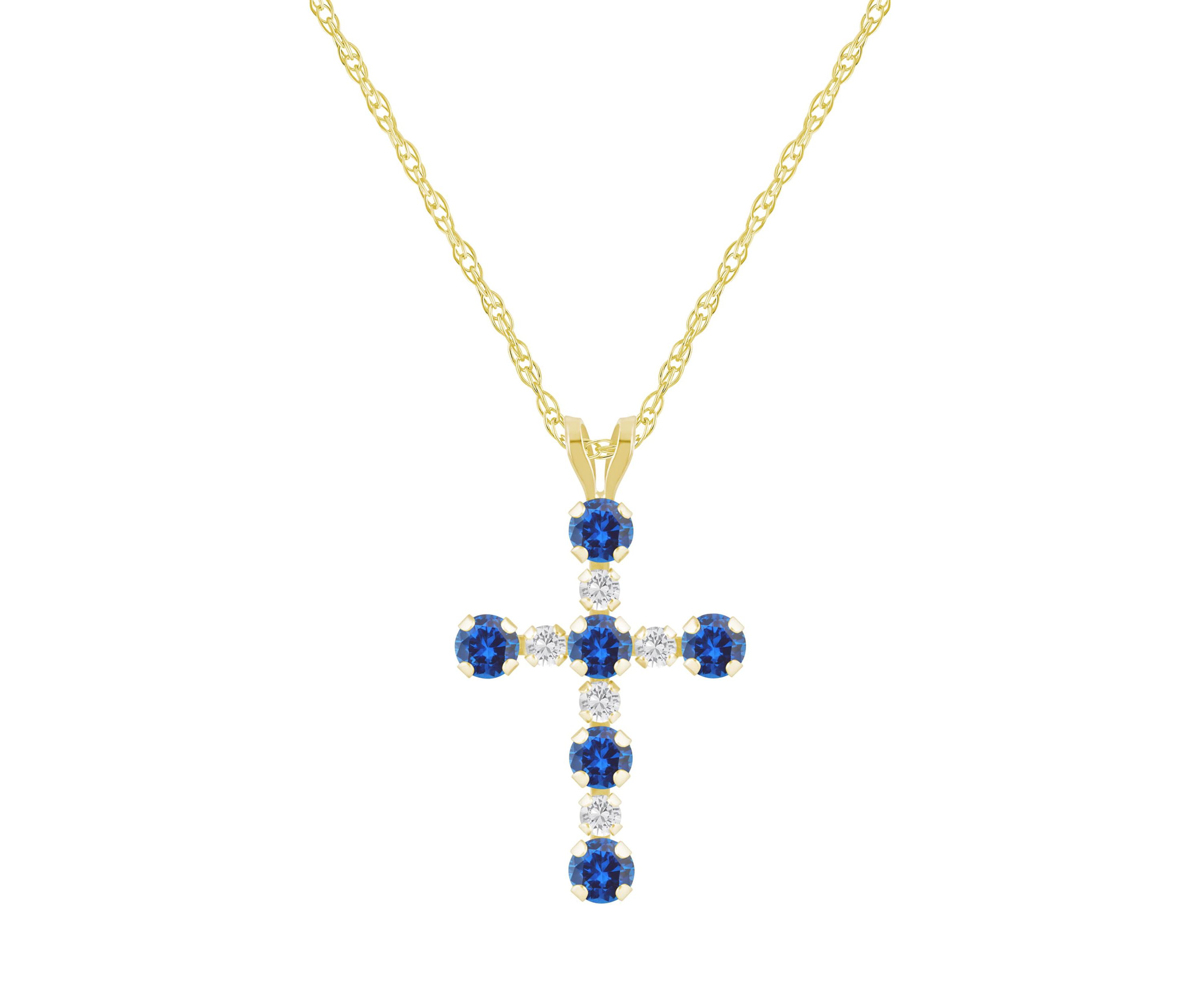 Lab Created 10K Gold 3mm Round Created Sapphire & Created White Sapphire Alternating Cross Pendant Necklace