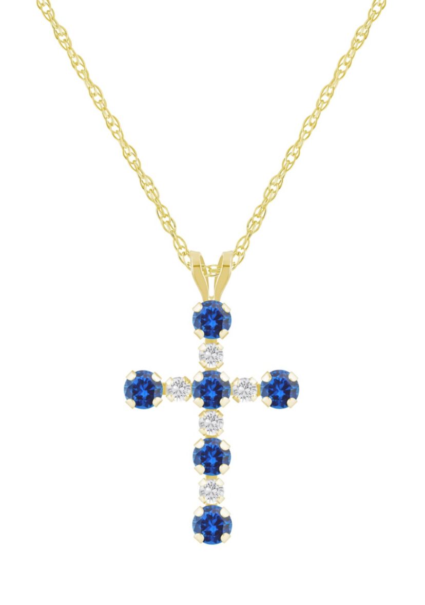 Lab Created 10K Gold 3mm Round Created Sapphire & Created White Sapphire Alternating Cross Pendant Necklace