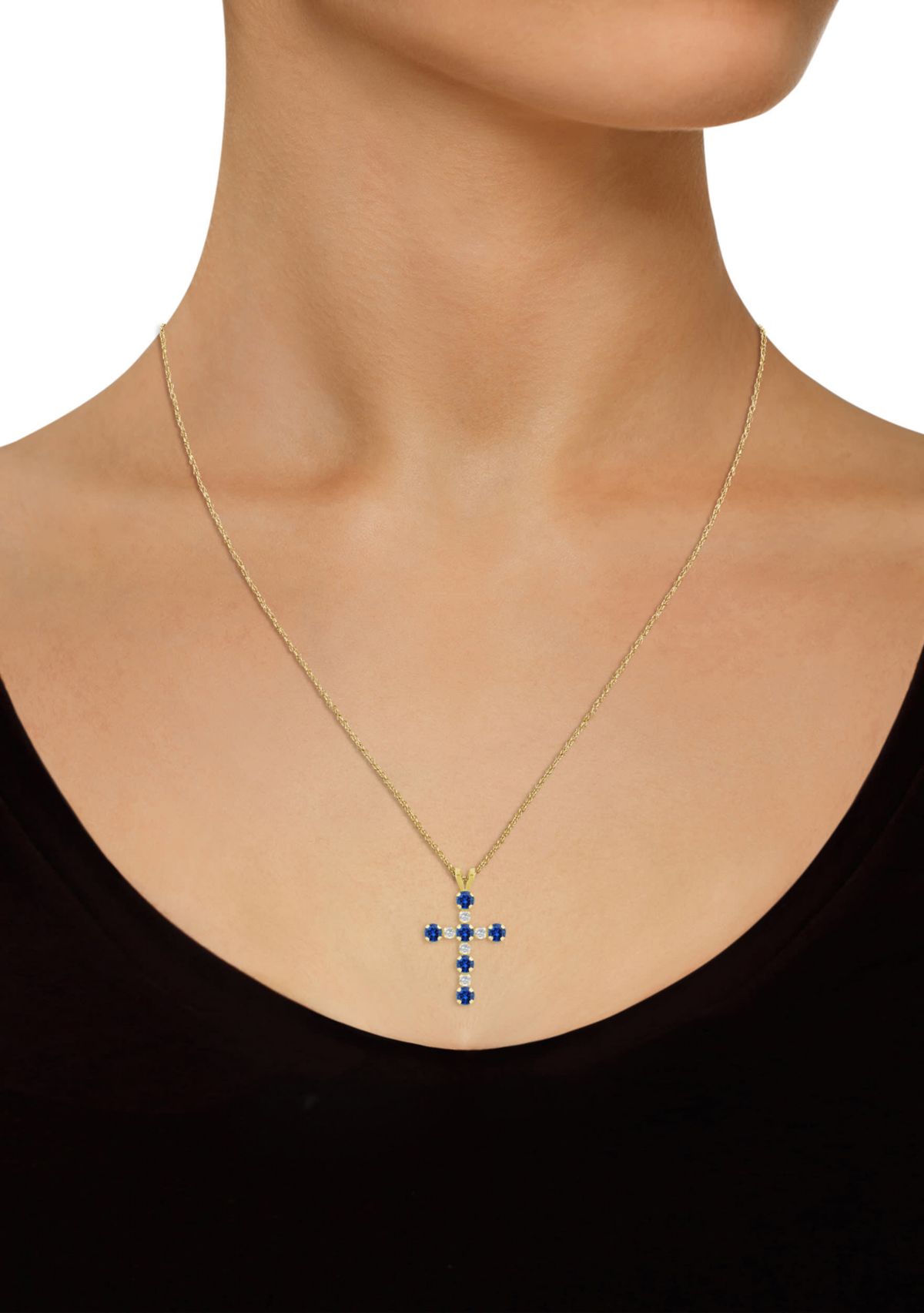 Lab Created 10K Gold 3mm Round Created Sapphire & Created White Sapphire Alternating Cross Pendant Necklace