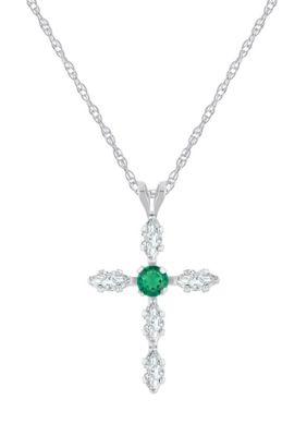 Belk & Co Lab Created 10K White Gold 3mm Round Gemstone And White Sapphire Cross Pendant Necklace