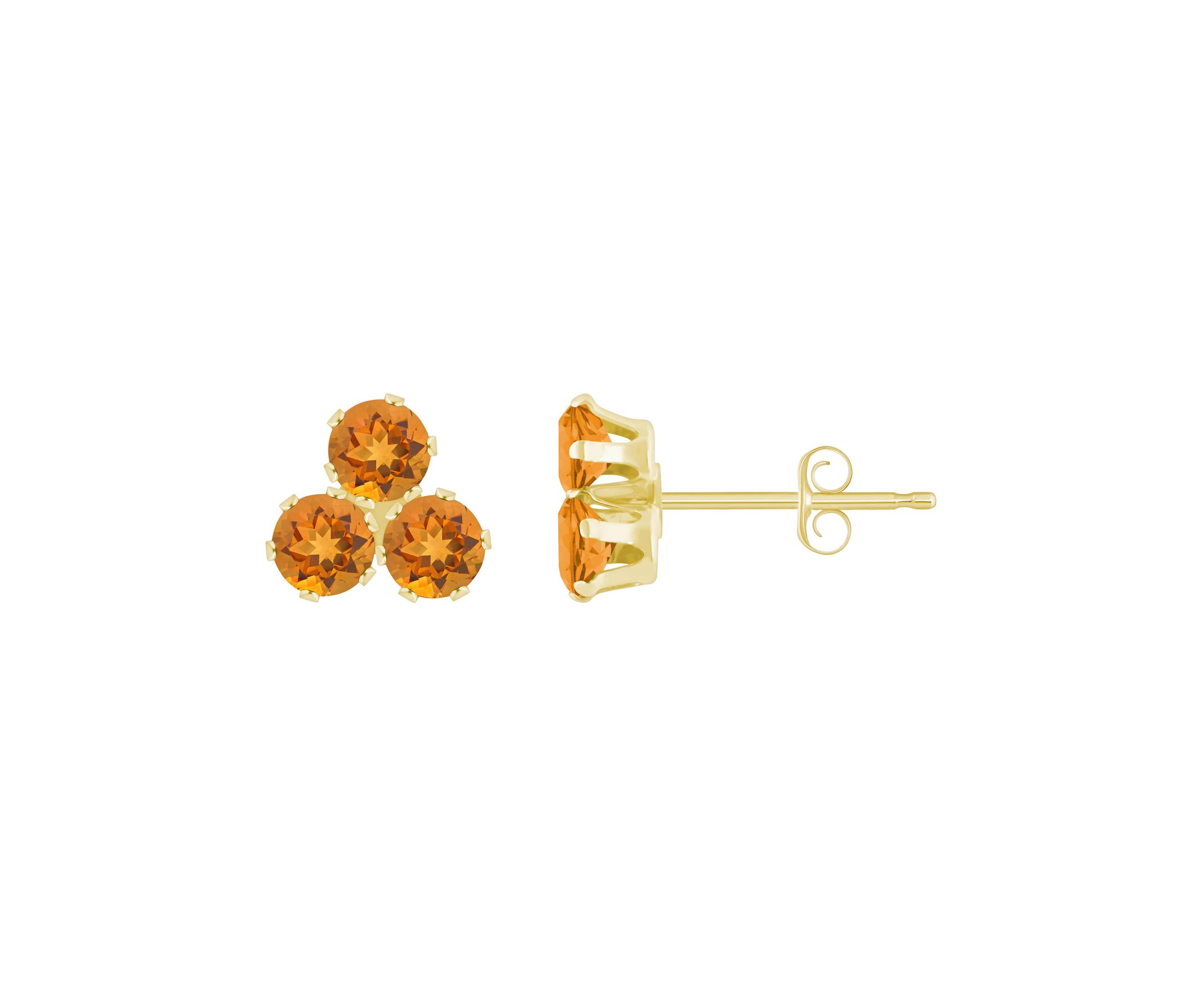 10K Gold 3mm Round Citrine Triple Cluster Stud Earrings