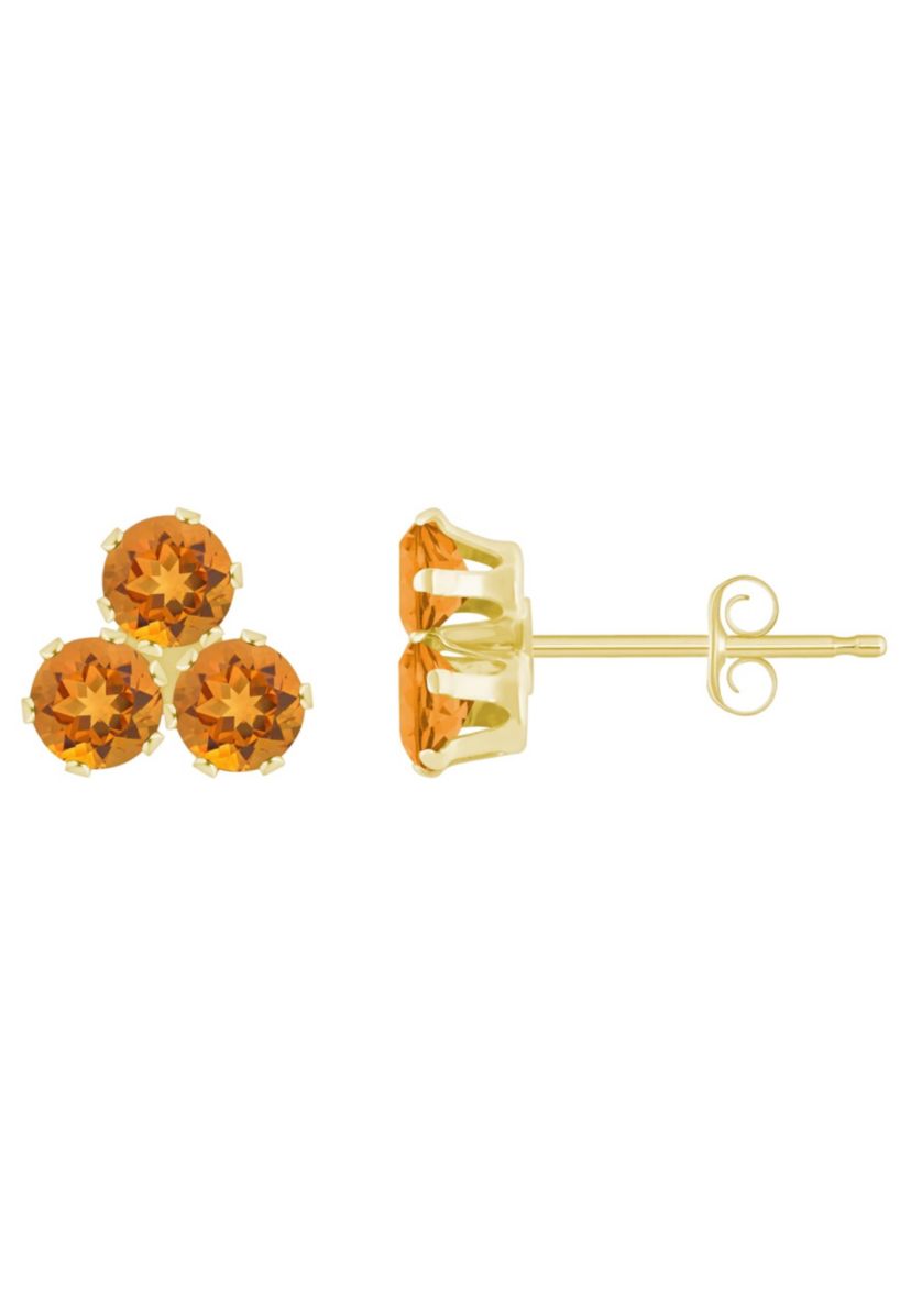 10K Gold 3mm Round Citrine Triple Cluster Stud Earrings