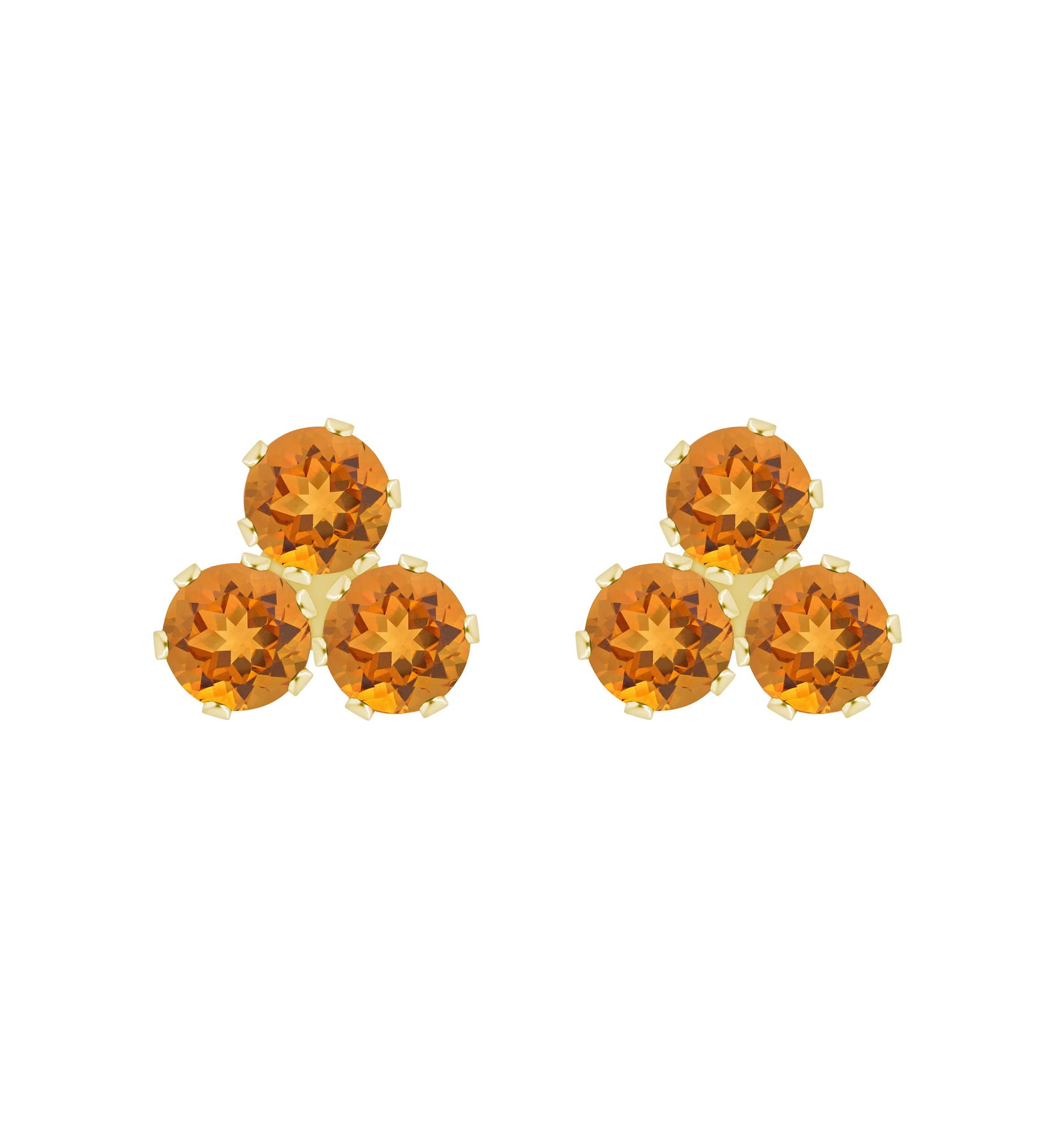10K Gold 3mm Round Citrine Triple Cluster Stud Earrings