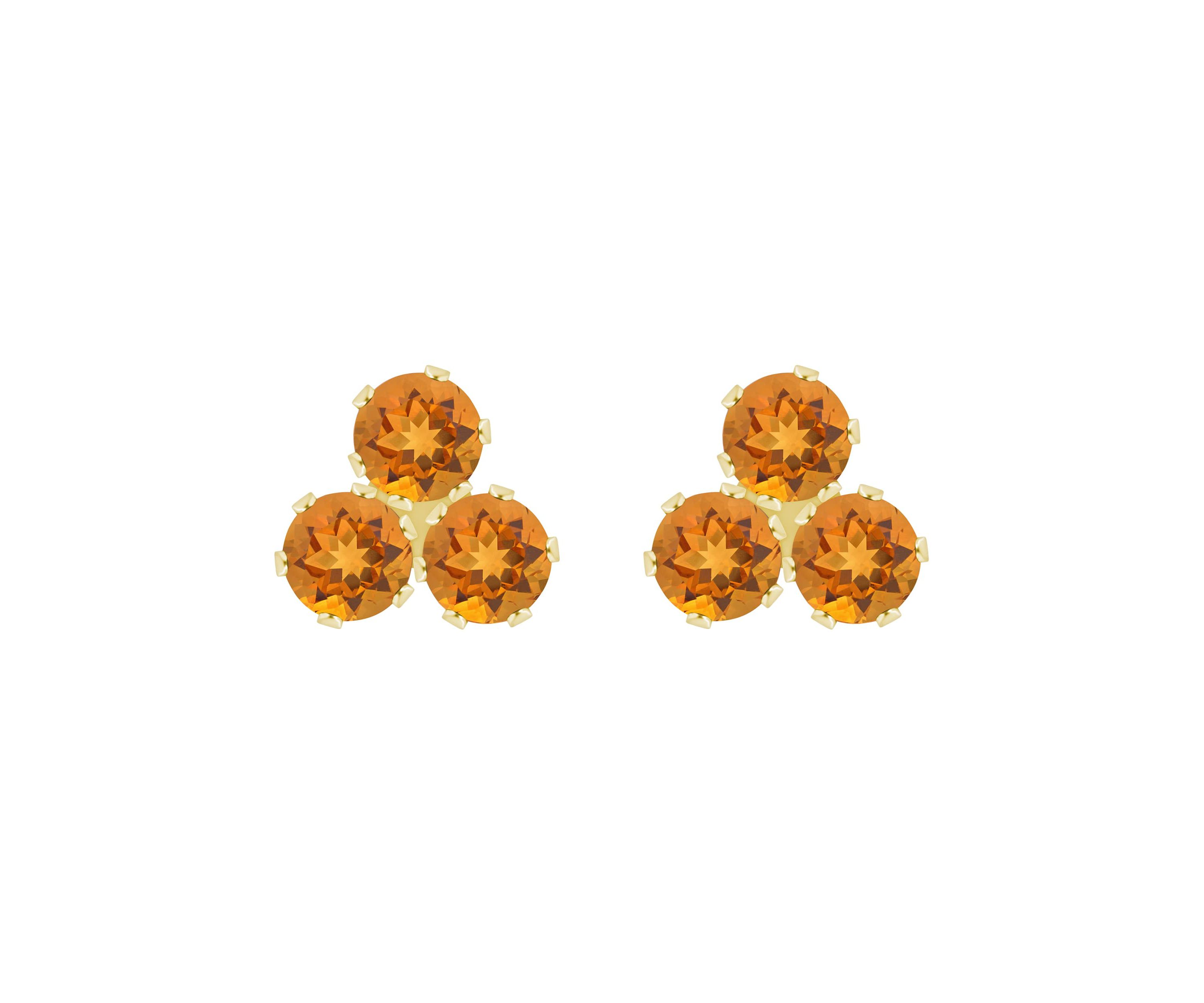 10K Gold 3mm Round Citrine Triple Cluster Stud Earrings