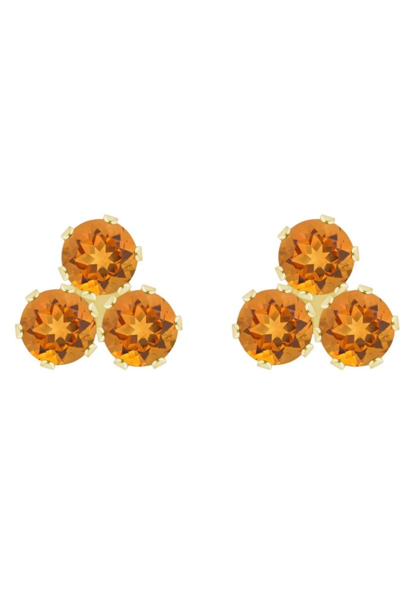 10K Gold 3mm Round Citrine Triple Cluster Stud Earrings