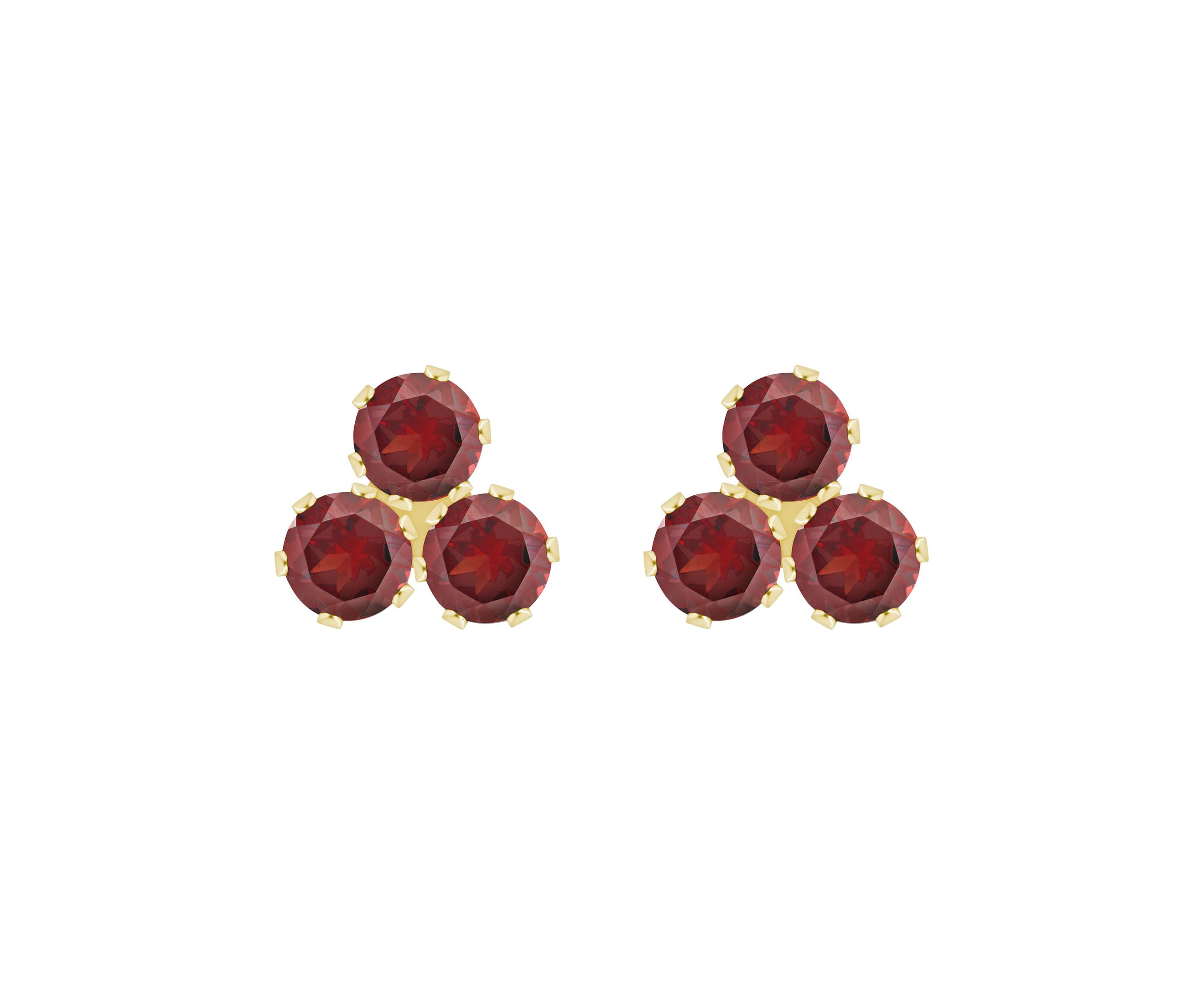 10K Gold 3mm Round Garnet Triple Cluster Stud Earrings
