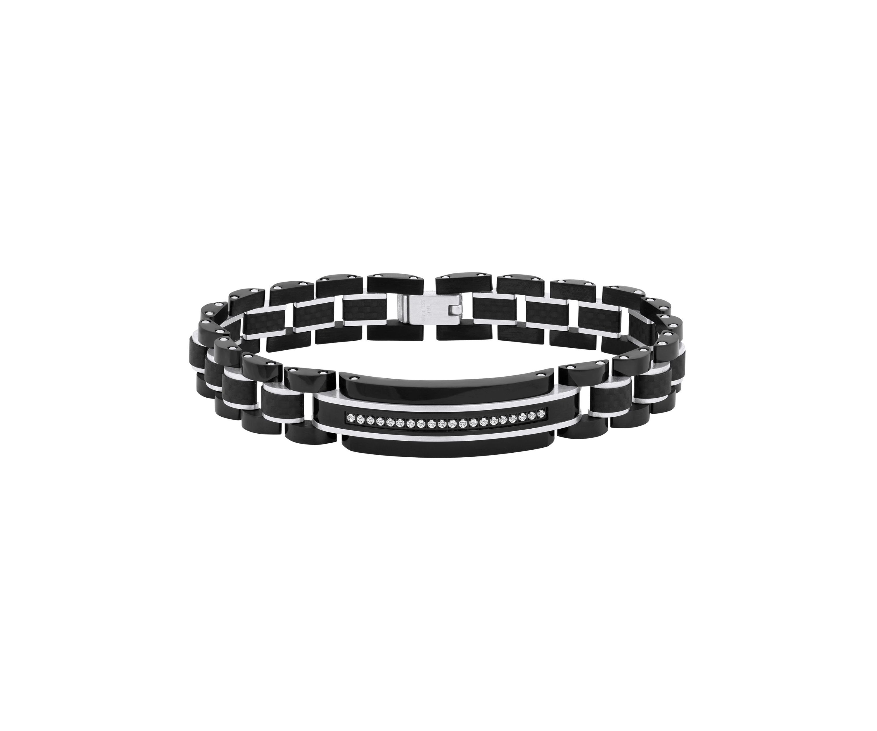 Mens Stainless Steel and Carbon Fiber Cubic Zirconia Two-Tone Bracelet