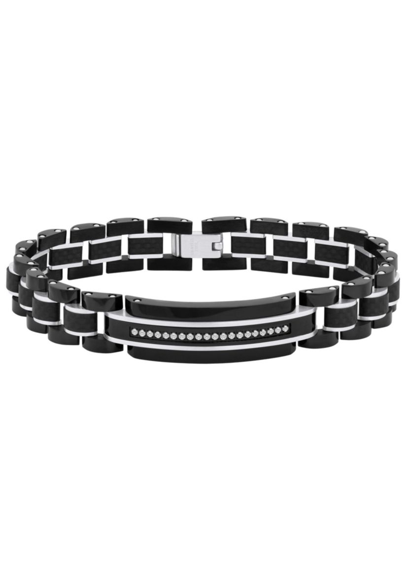 Mens Stainless Steel and Carbon Fiber Cubic Zirconia Two-Tone Bracelet