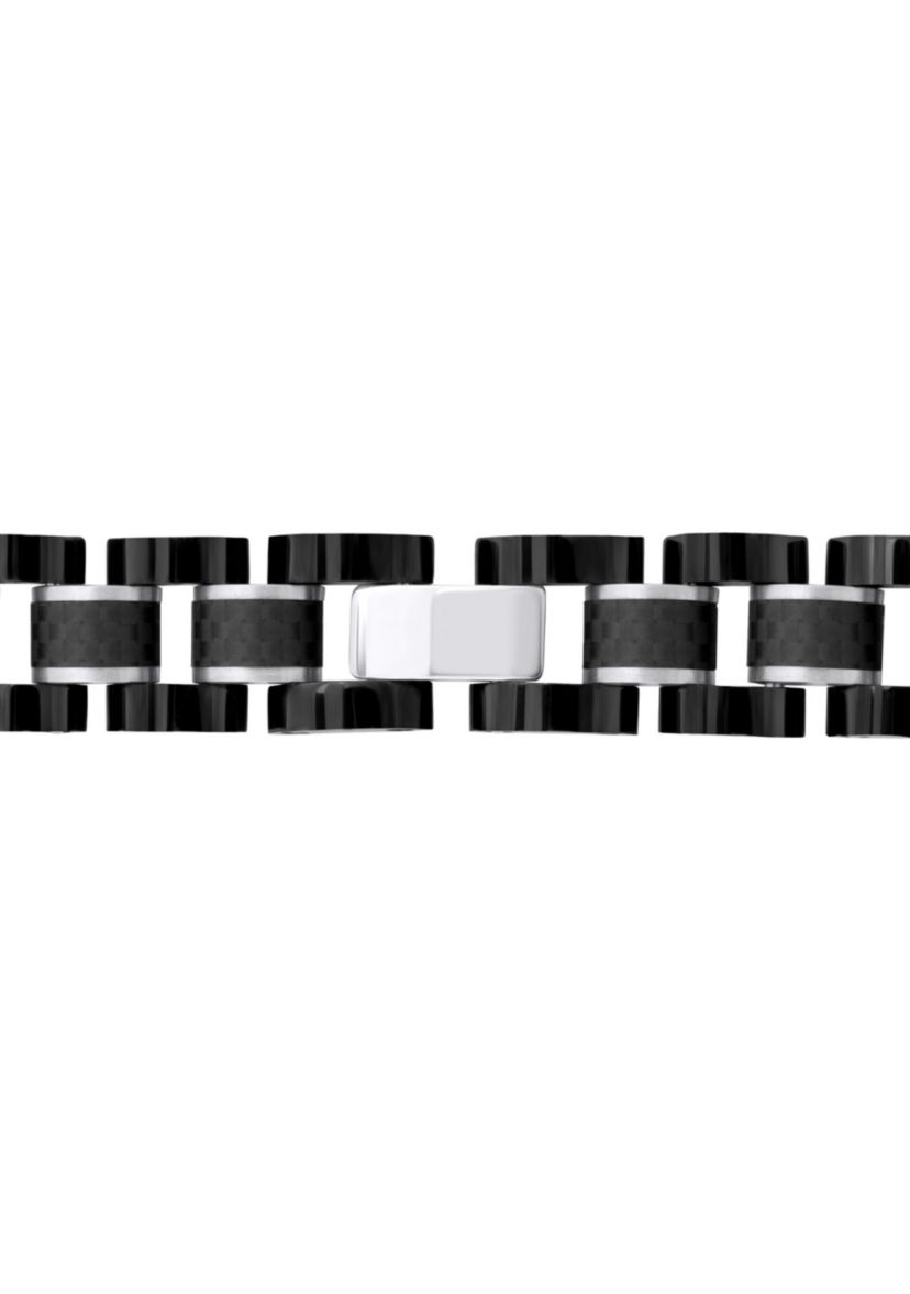 Mens Stainless Steel and Carbon Fiber Cubic Zirconia Two-Tone Bracelet