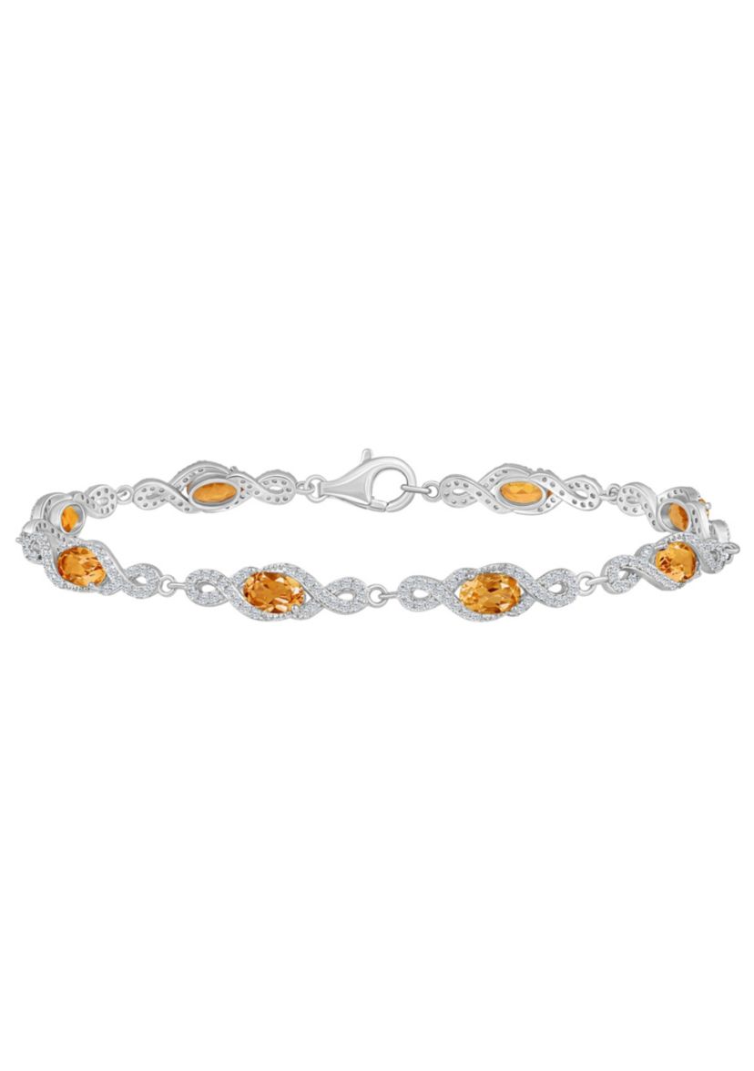 Sterling Silver 6x4mm Oval Citrine and White Topaz Accent Bracelet