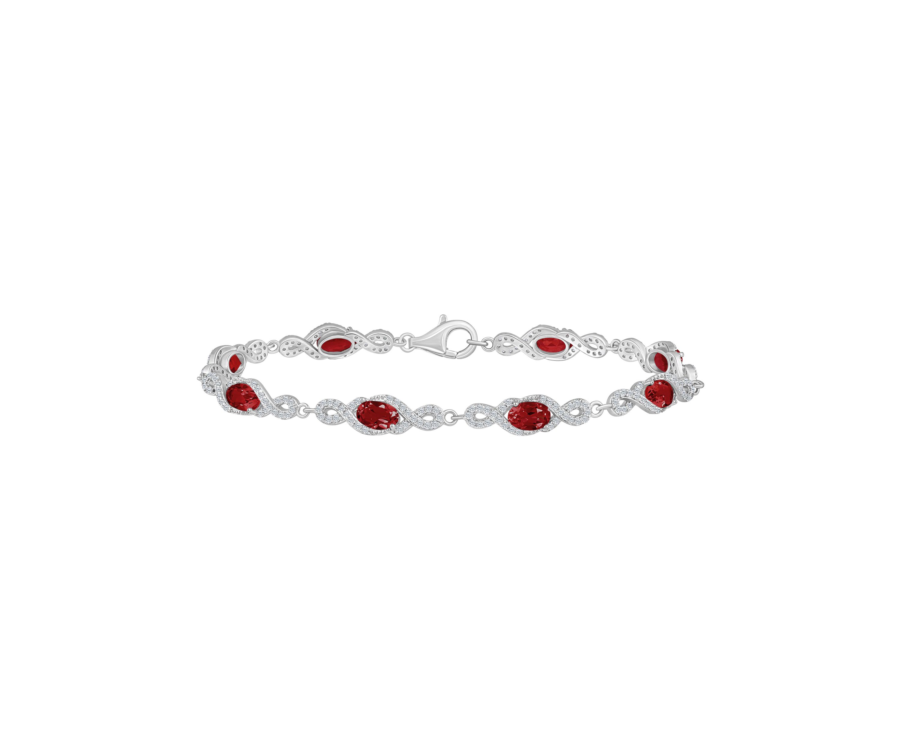 Sterling Silver 6x4mm Oval Garnet and White Topaz Accent Bracelet